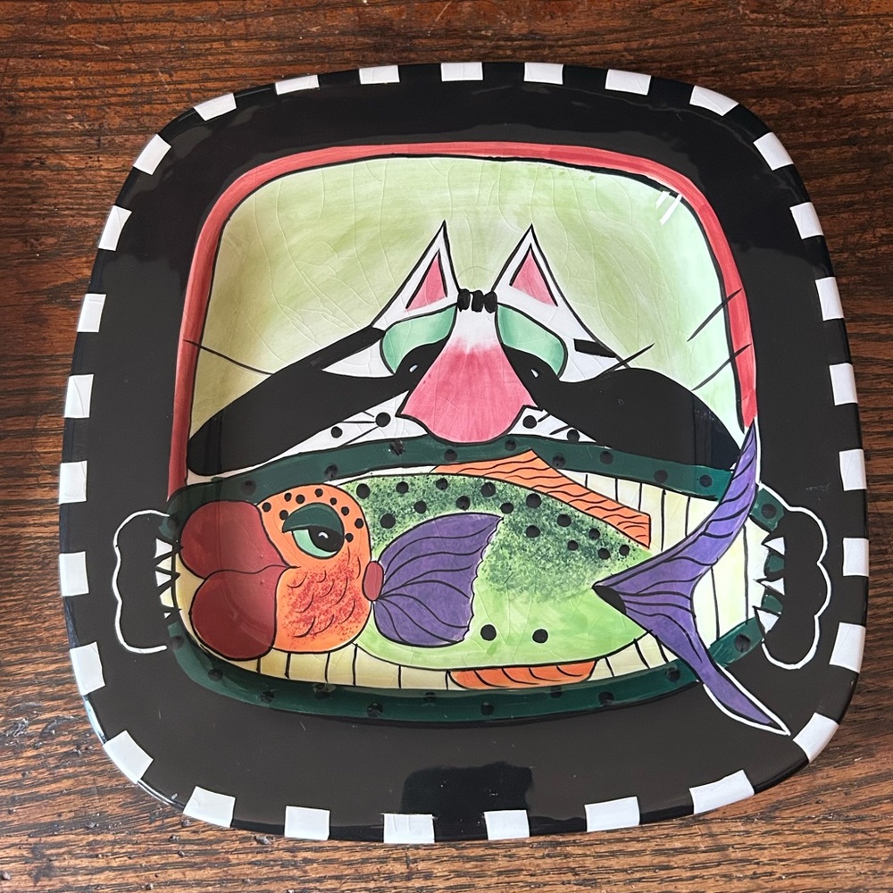 SWAK Vintage Lynda Corneille‎ Signed Cat Goldfish Wall Hanging Decor Plate
